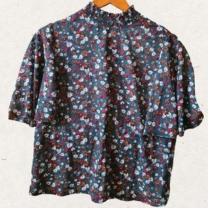 Emerald, Cream, & Rust Floral Earthy High-Neck w Keyhole Short-Sleeve Blouse XS